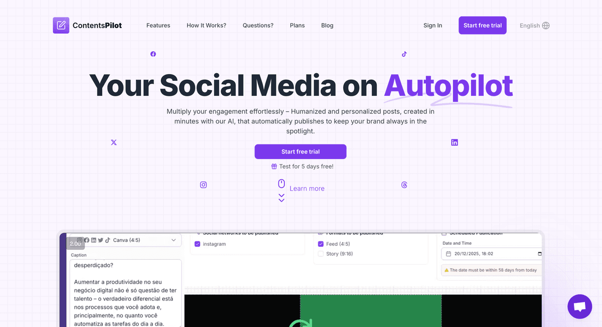 Tela do Contents Pilot para configurar a marca e conectar perfis de redes sociais